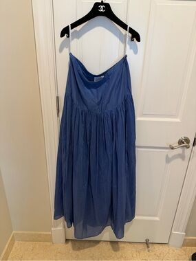 Bird & Knoll Silk Cotton Blue Maxi Skirt Gathered Waist Luxury Skirt size L